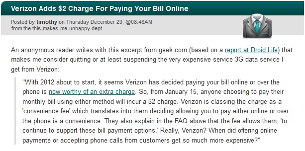 Verizon Adds $2 Charge For Paying Your Bill Online